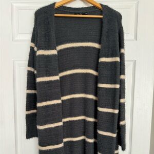 Doe & Rae Open Front Grey with Cream Stripe Cardigan Size Small